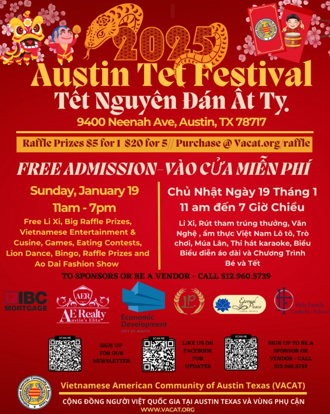VACAT’s Austin Tet Festival Flyer of the Vietnamese American Community of Austin Texas’s Austin Tet Festival. The event is on Sunday, January 19th from 11am-7pm at 9400 Neenah Ave, Austin, TX 79717. The event is free admission and will feature food, raffle prizes, games and a lion dance.